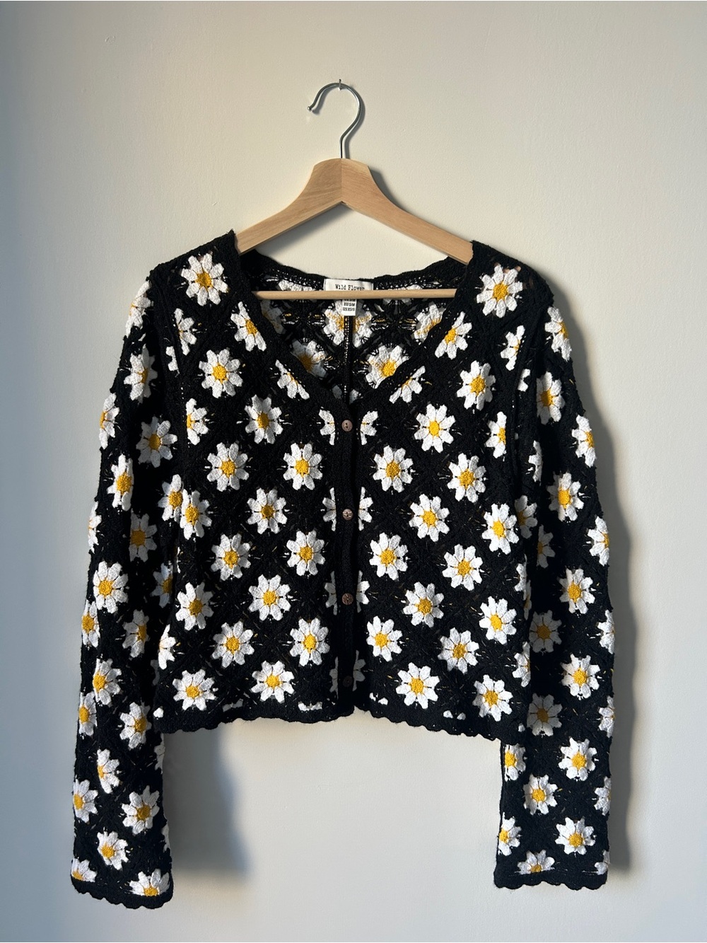 Wildflowers Black Crochet Daisy Cardigan with White & Yellow Flowers